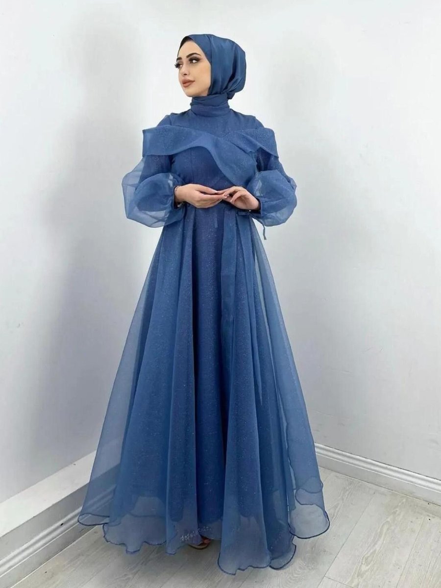 Merveplume Simli Tasarım Abiye Elbise Moda Düğün Şıklığı – Buz Mavisi
