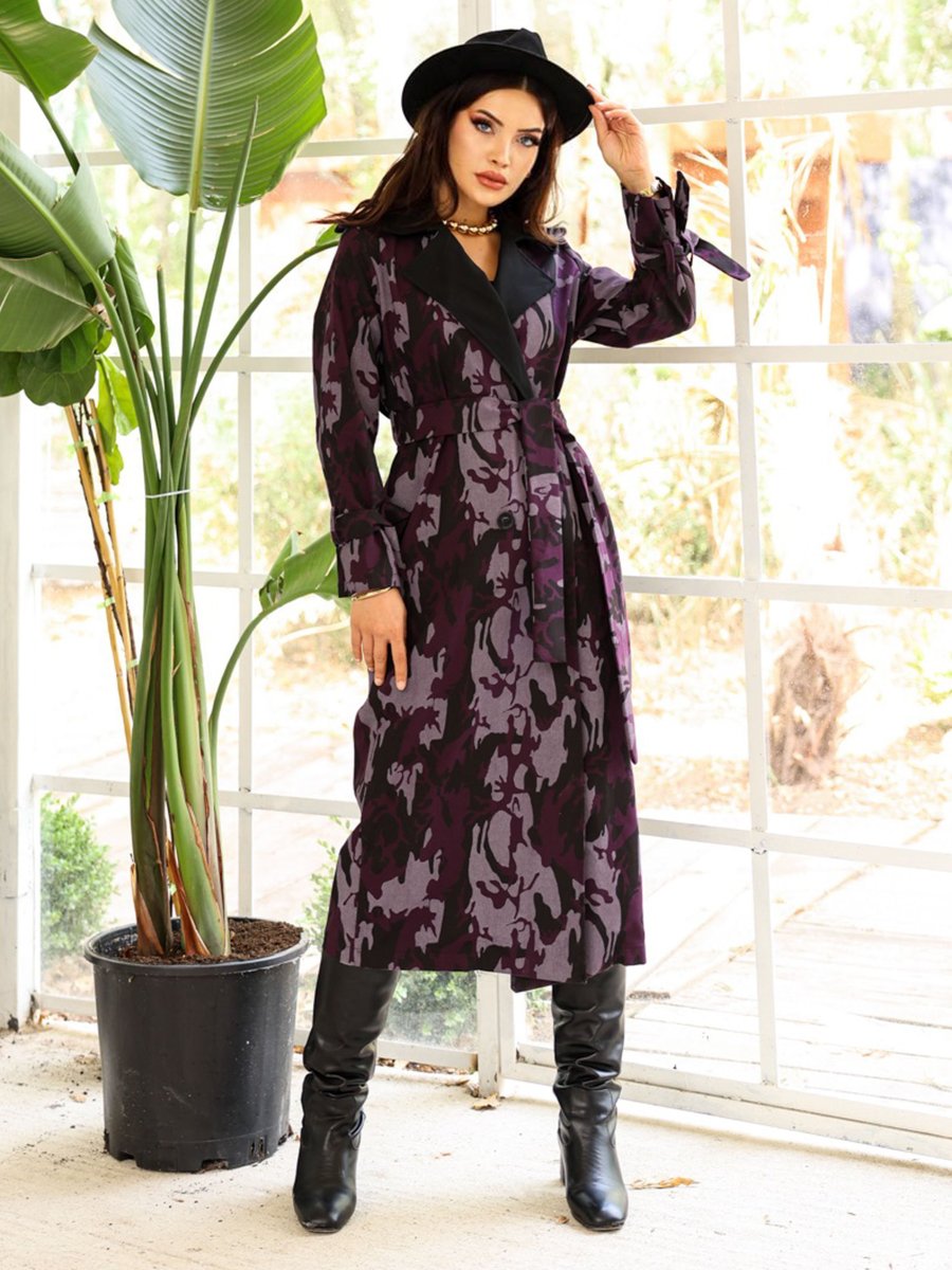 Sahra Afra Mor Kamuflaj Kadın Oversize Trençkot