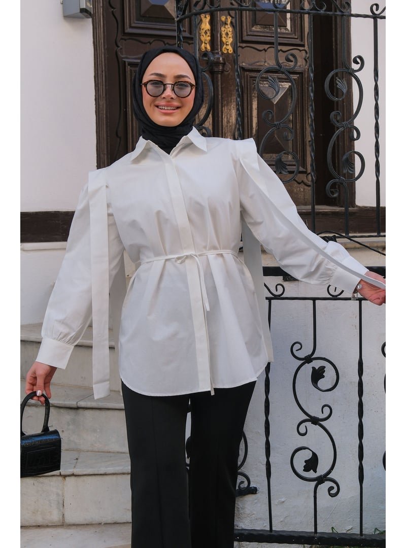 Locco Moda Ekru Pile Detay Önü Gizli Düğmeli Gömlek