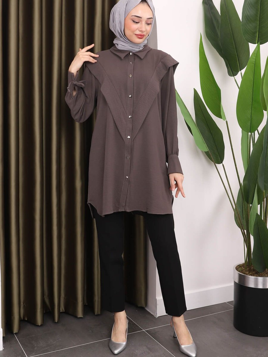 İmajbutik Füme Ön Detaylı Kol Bağlamalı Tunik