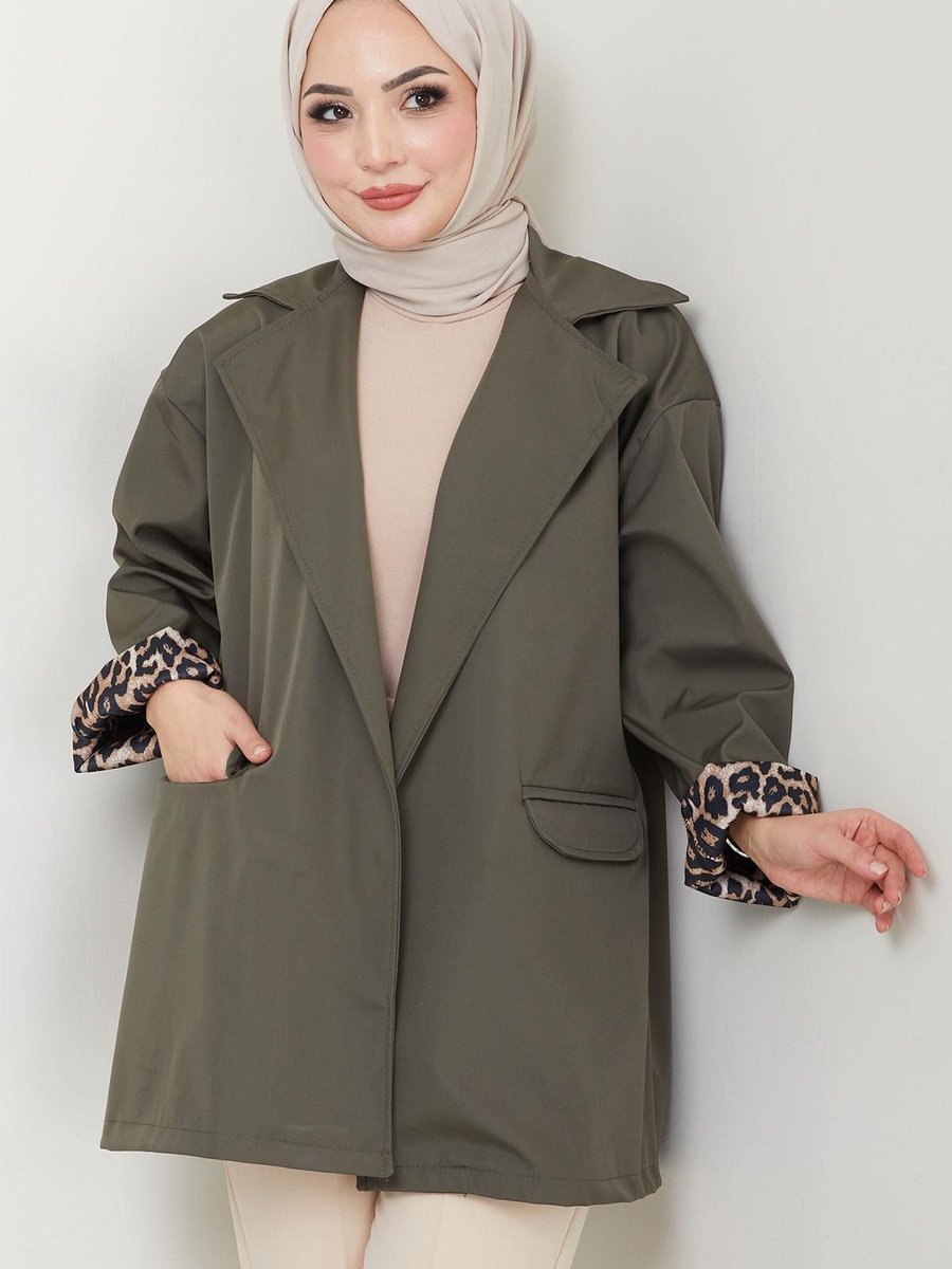 Hafsamina Leopar Detaylı Oversize Bondit Ceket Haki