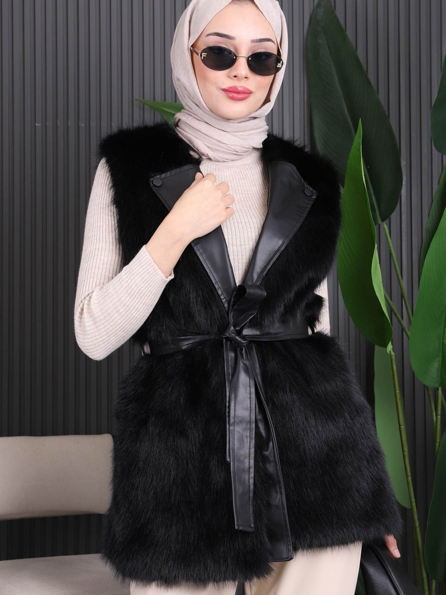İmajbutik Siyah Deri Kuşaklı Kürk Yelek