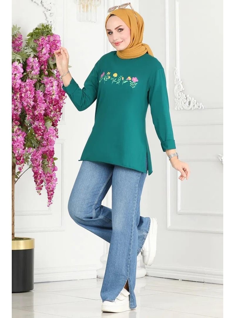 Pelsu Moda Çiçek Baskılı Zümrüt Yeşil Tunik