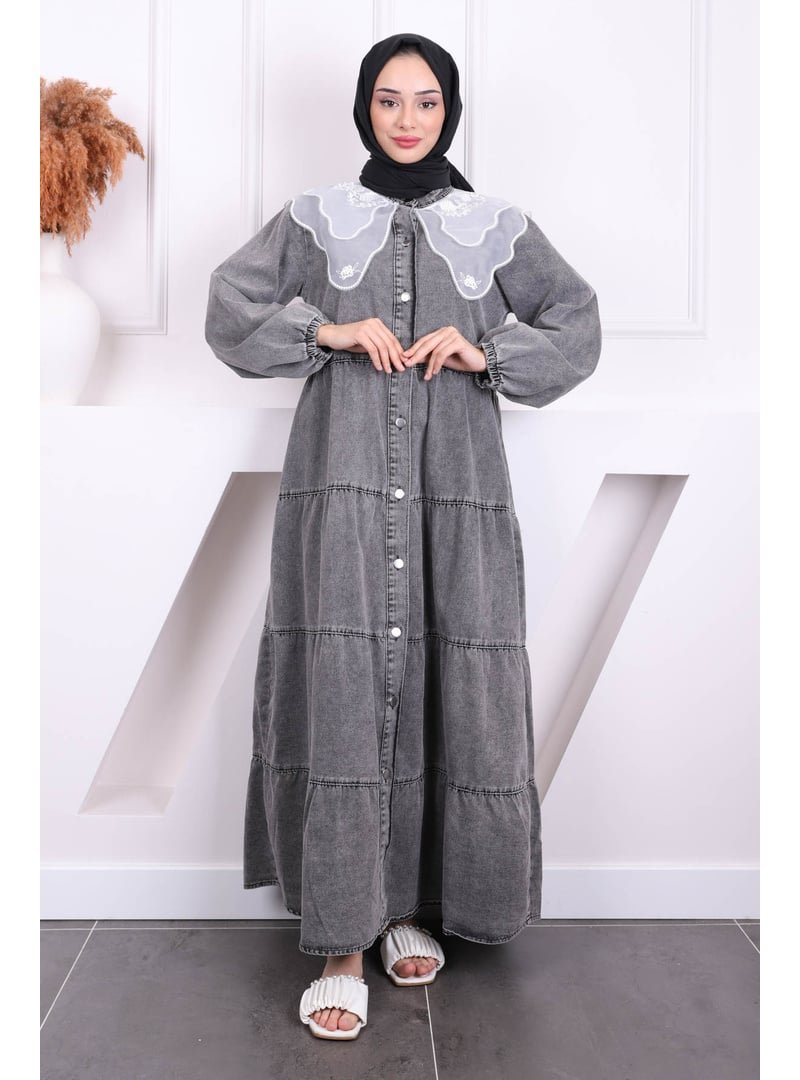 İmaj Butik Füme Bel Kuşaklı Düğmeli Kot Elbise