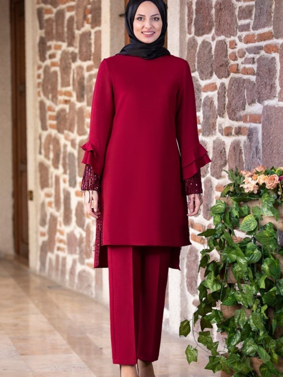 Fashion Showcase Bordo Volan Kol Payet Detay Tunik Ve Pantolon Takımı