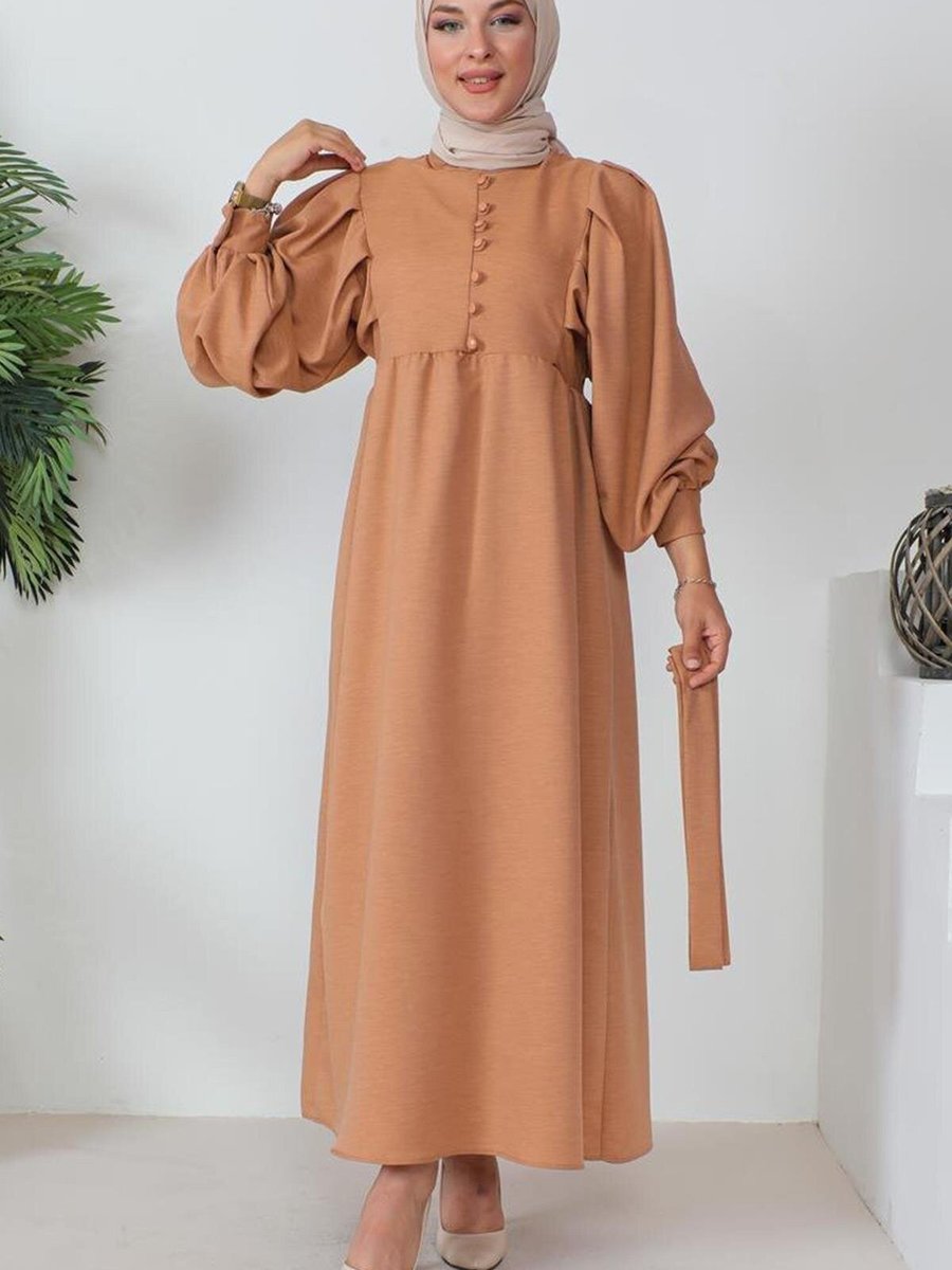 Misskayle Camel Düğme Detaylı Koyu Somon Elbise