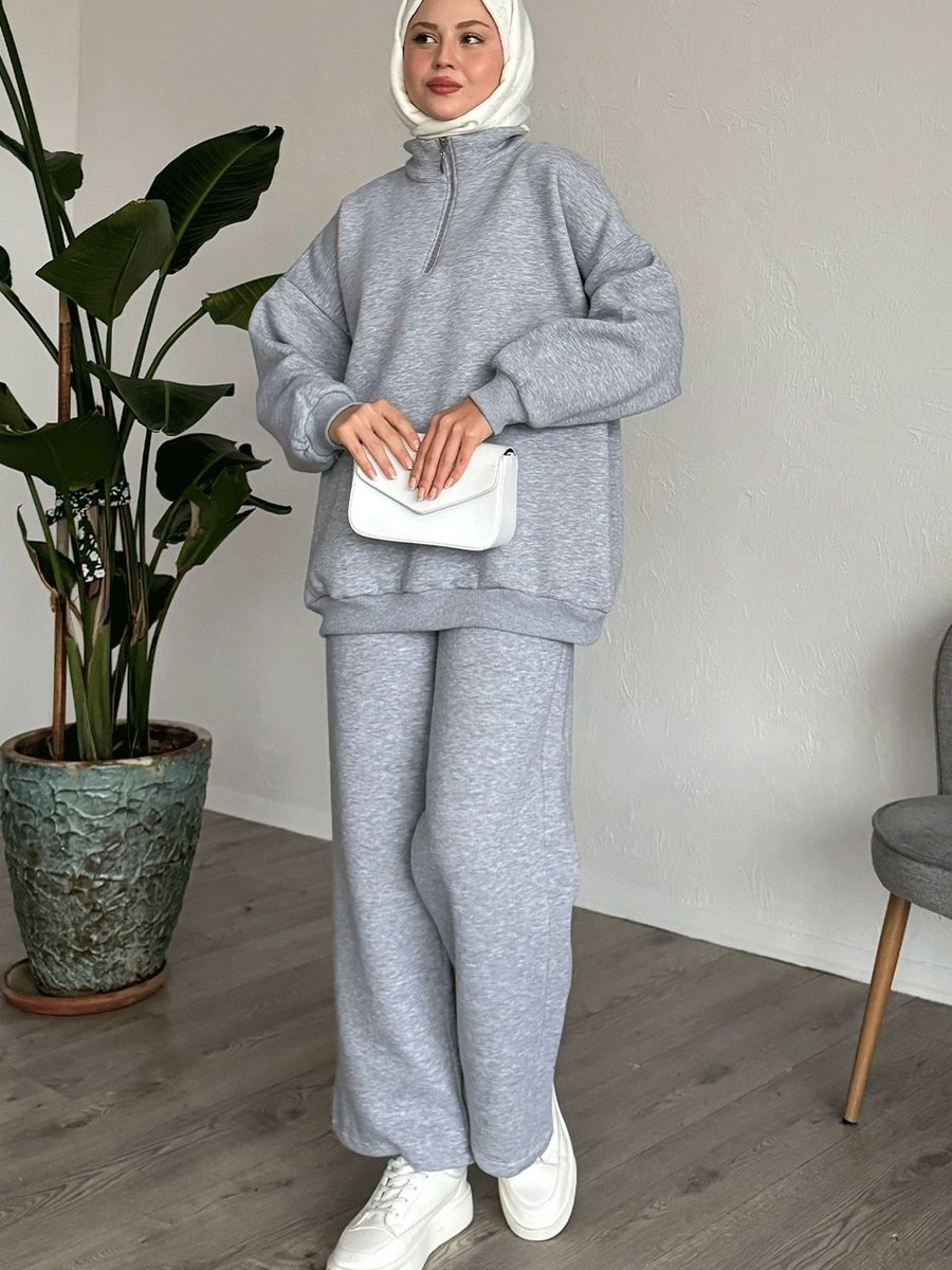 Instyle Şardonlu Fermuarlı Gri İkili Takım