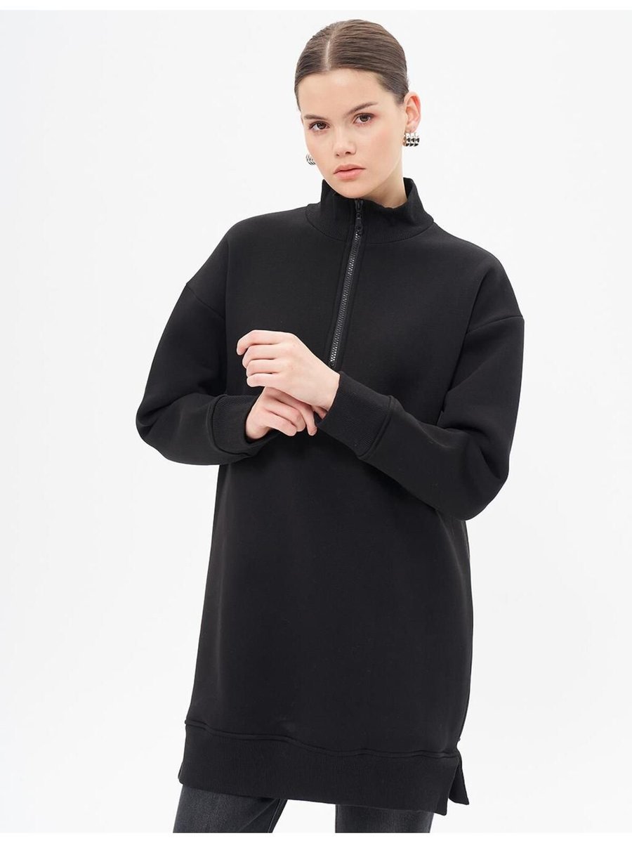 Kayra Düşük Omuz Fermuar Kapamalı Sweatshirt Siyah