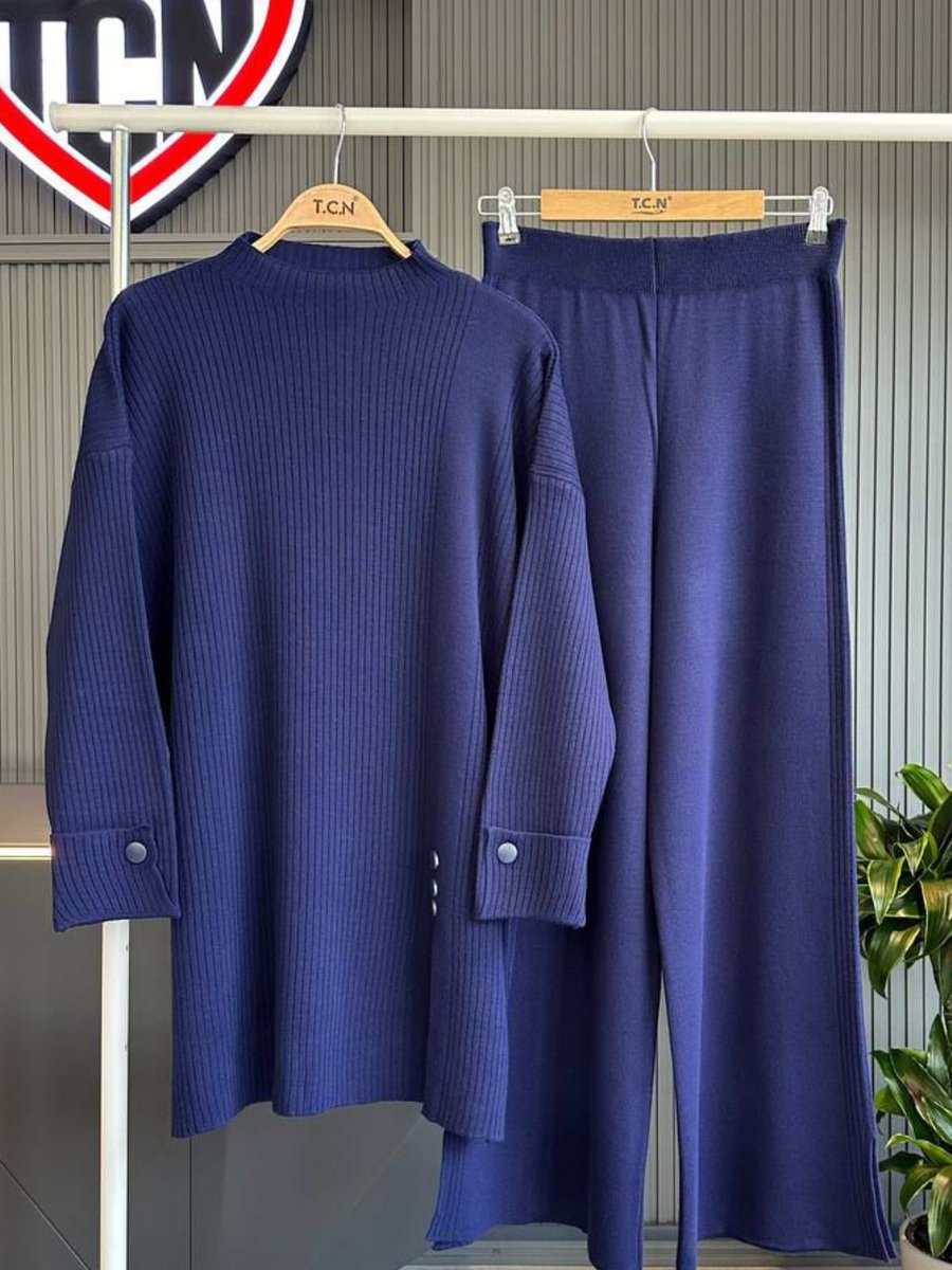 Bold Grup Lacivert Standart Triko Fitilli Düğme Detalı İkili Tunik Pantolon Takım