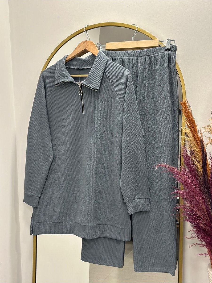 Ebrar Store Bade Yarım Fermuarlı Fitilli Pantolonlu Takım Gri