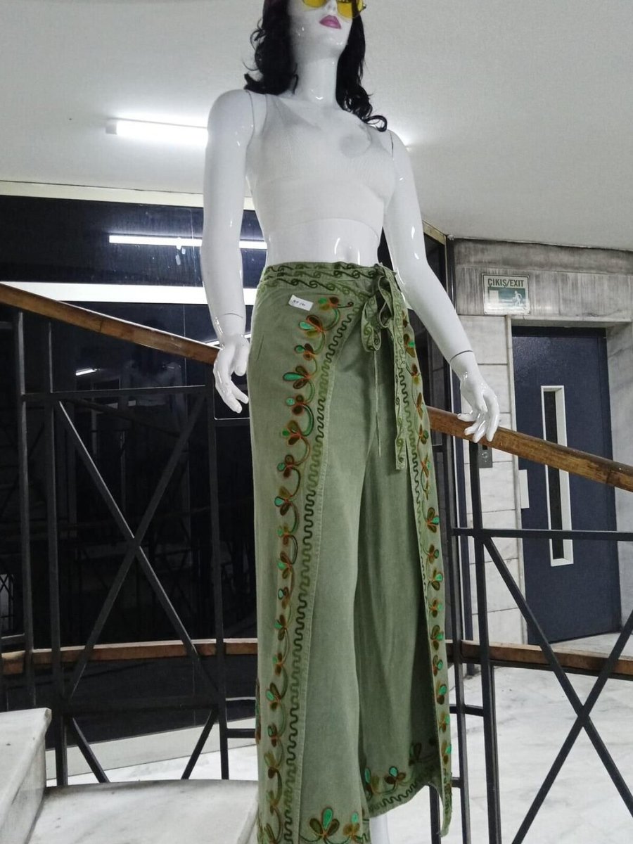 EREN STYLE Haki Otantik Nakış İşlemeli Harem Şalvar Bulmaca Pantolon