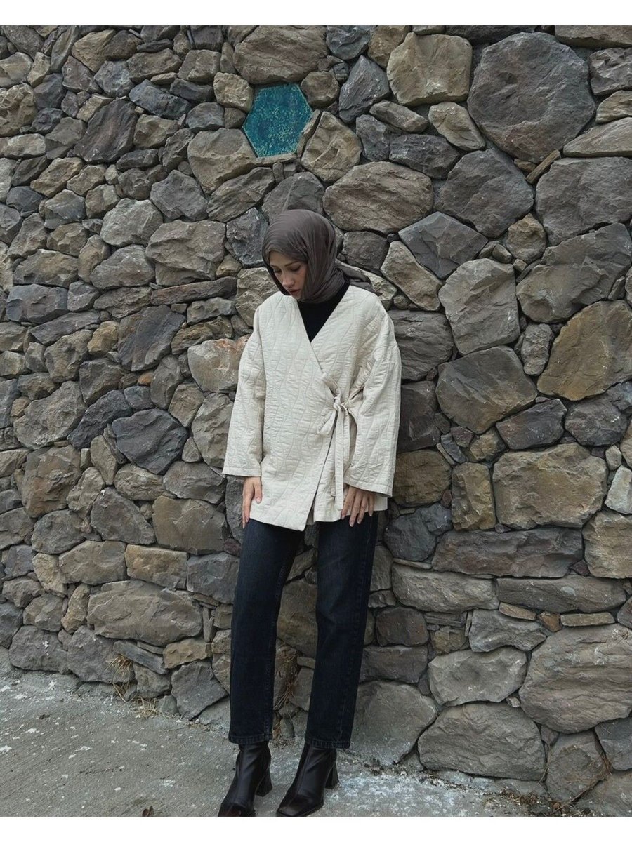 Taba Raena Desenli Yandan Bağlamalı Kimono Ceket