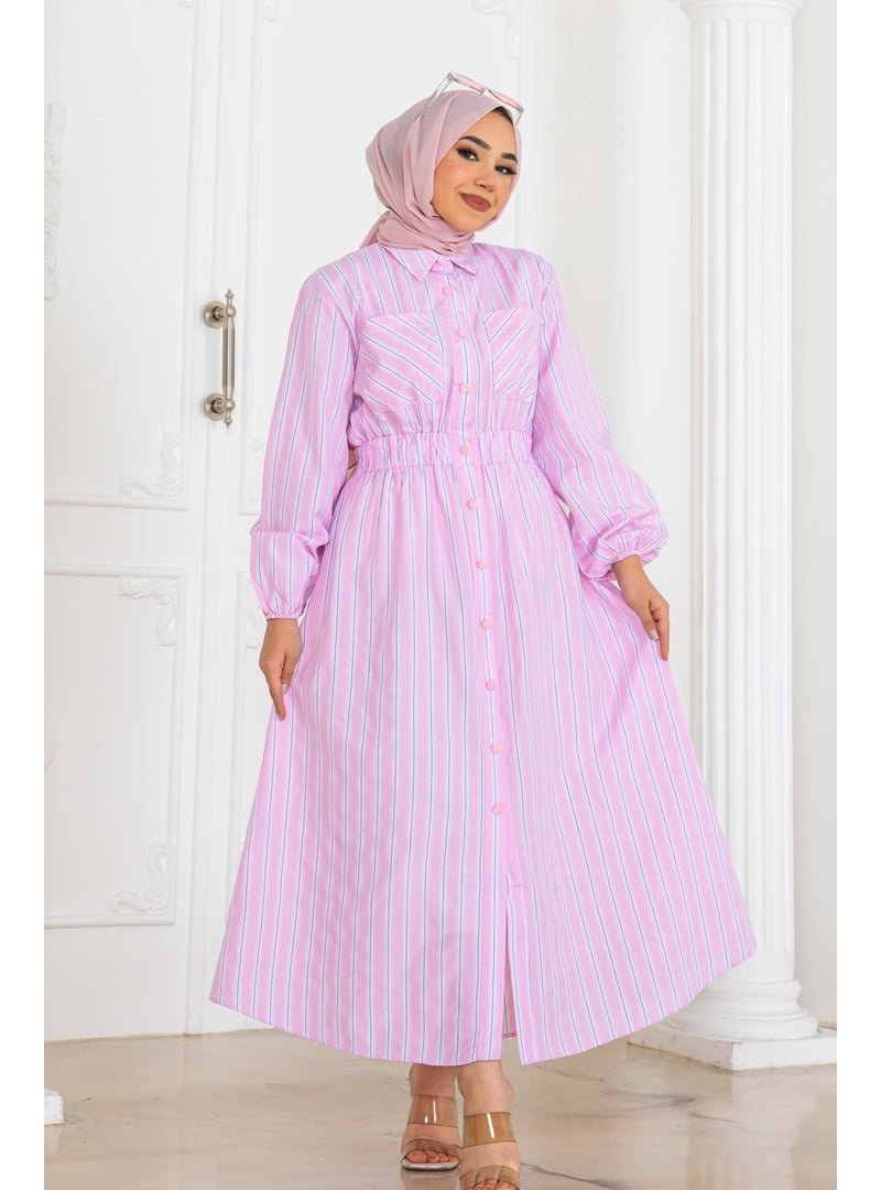 Benguen Pembe Çizgili Gömlek Elbise