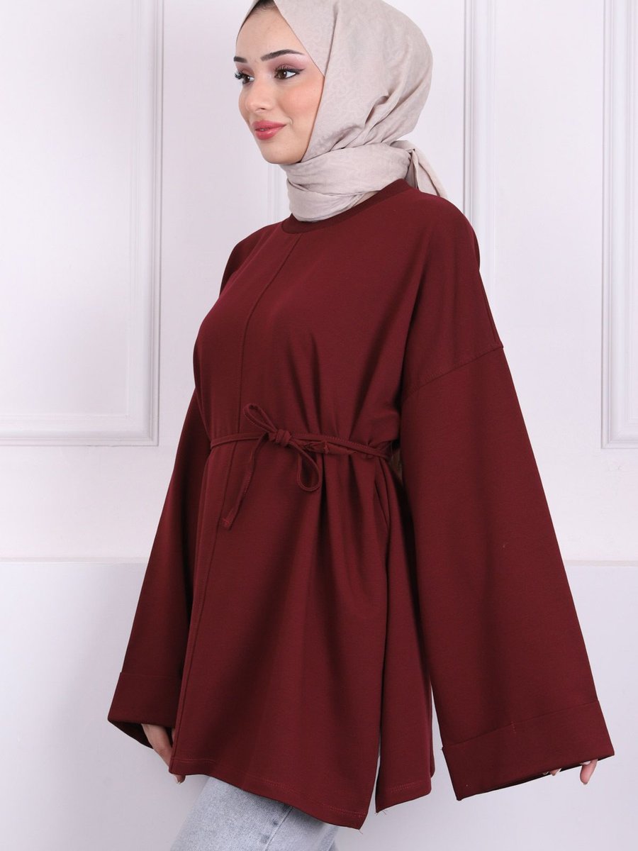 İmajbutik Bordo Dikiş Detaylı Yanları Yırtmaçlı Sweatshirt