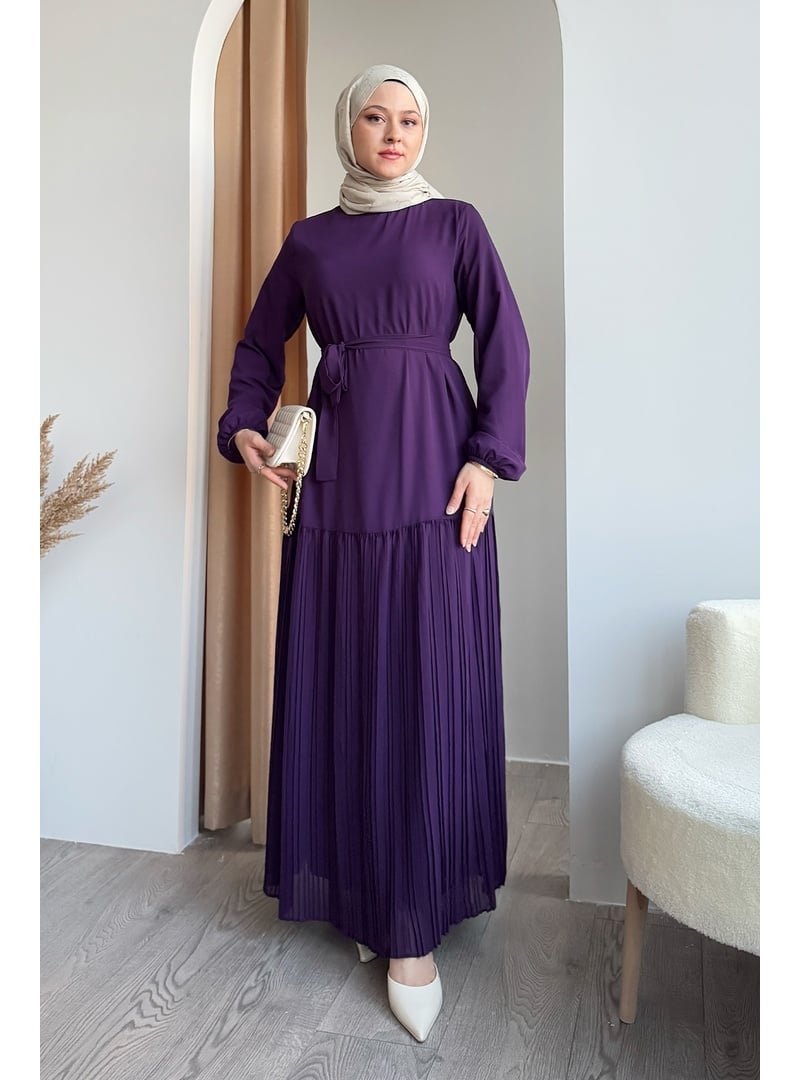 InStyle Eteği Piliseli Şifon Mor Elbise
