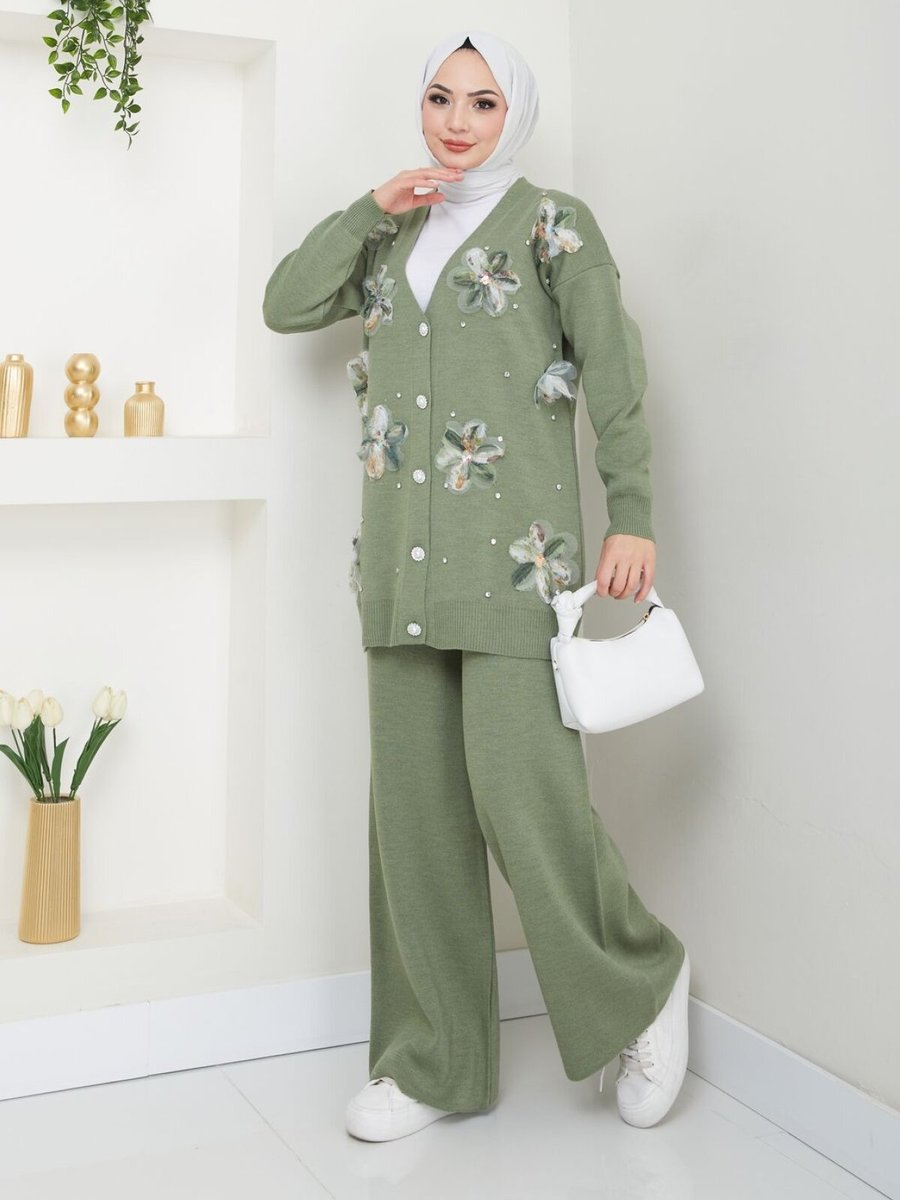 VOLT CLOTHİNG Yeşil Çiçek Nakışlı Triko İkili Takım
