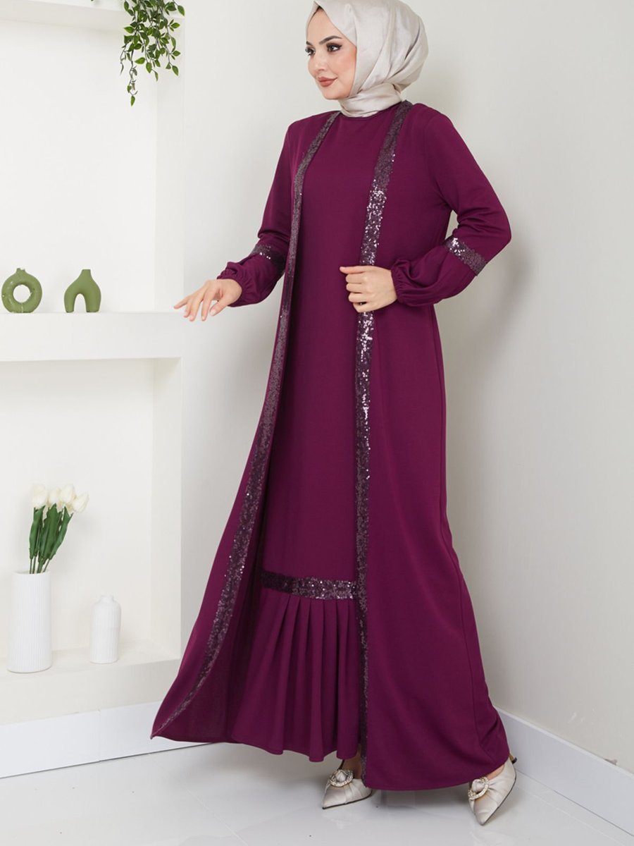 Ayşe Melek Giyim Abiye Moda Elbiseli İkili Takım Mürdüm