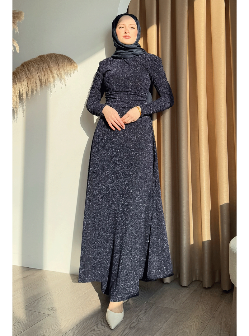 InStyle Simli Kruvaze Büzgülü Lacivert Elbise
