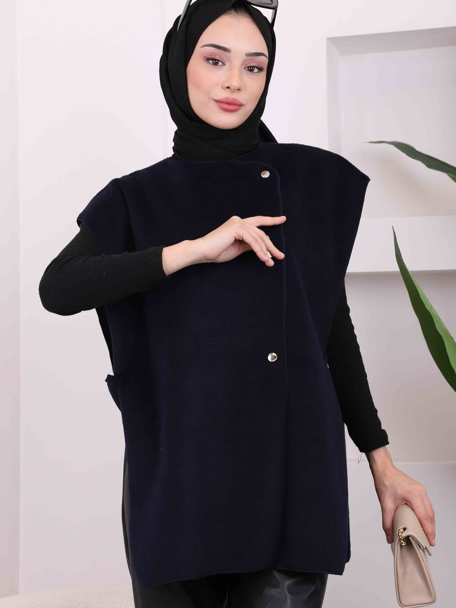 İmajbutik Lacivert Çıtçıt Detaylı Yanları Açık Kaşe Yelek