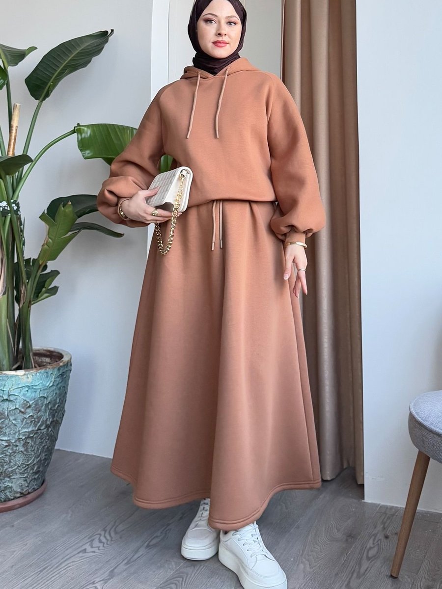 Instyle Balon Kol Sweat Etekli Camel Takım