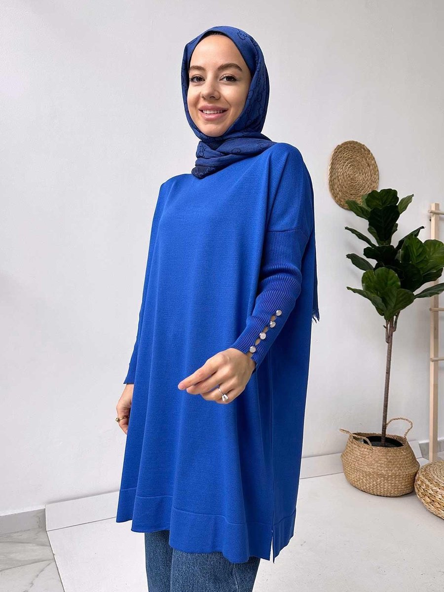Ka Hijab Kol Detay Merserize Tunik Saks Mavi