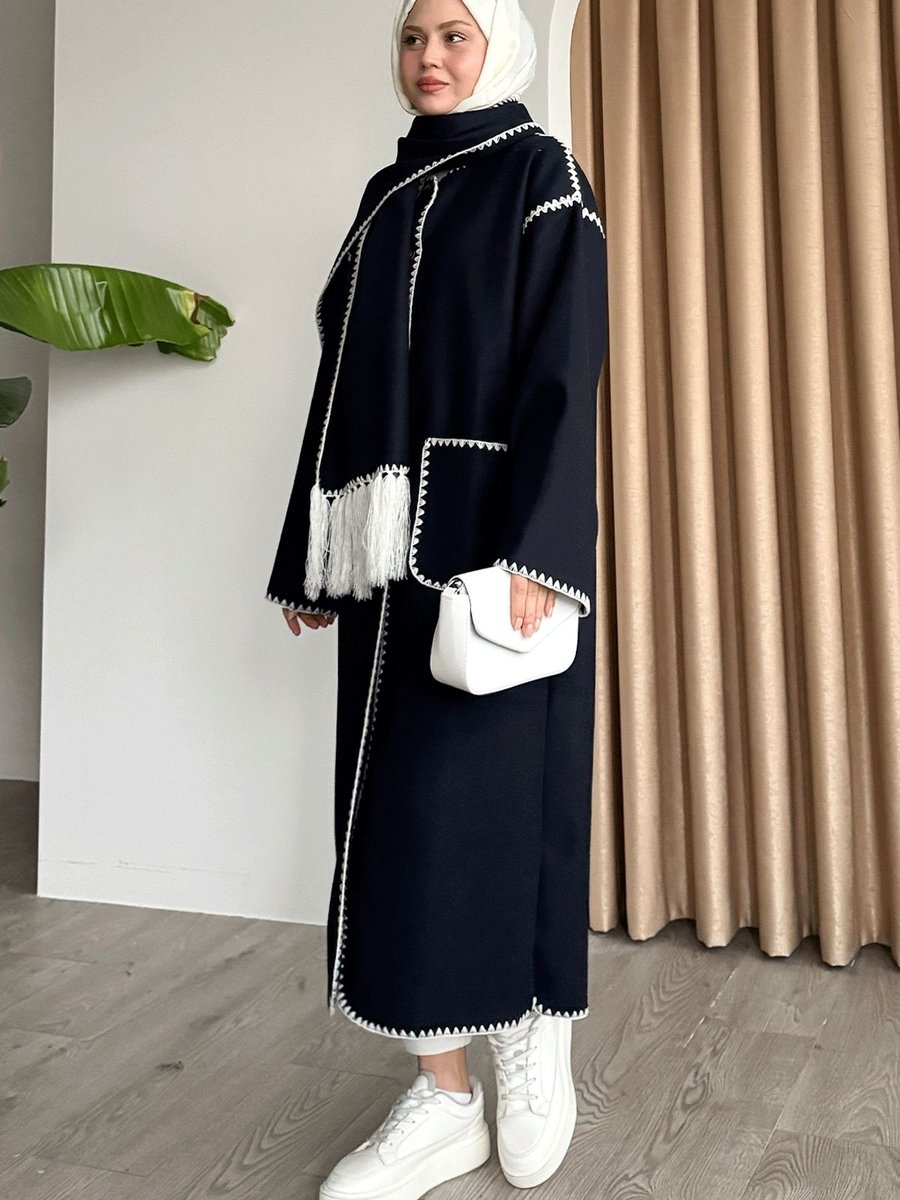 Instyle Atkılı Cepli Kaşe Uzun Lacivert Ceket