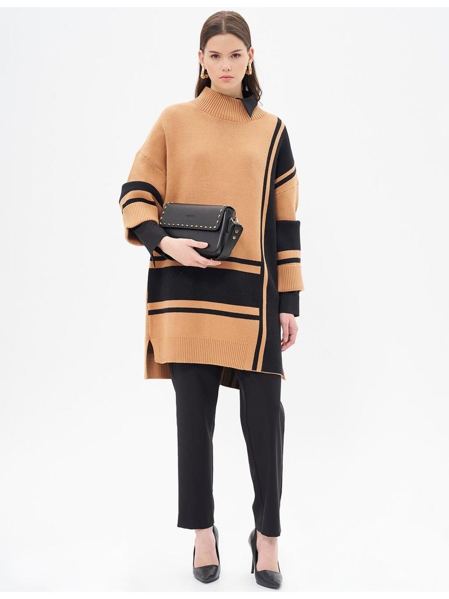 Kayra Çizgi Desen Triko Tunik Camel Siyah