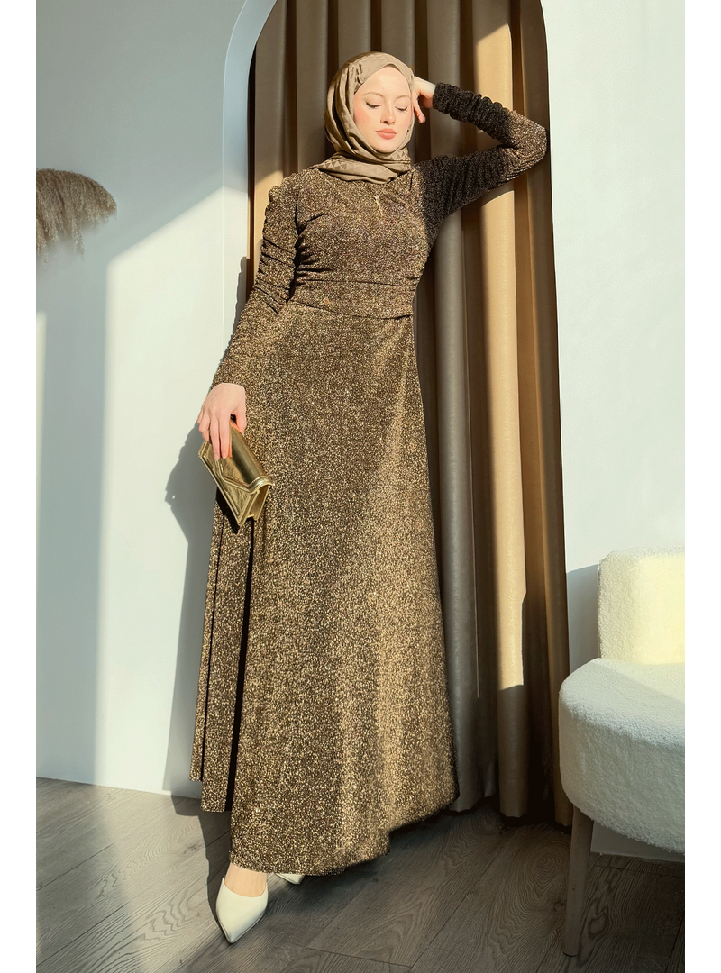 InStyle Simli Kruvaze Büzgülü Kahverengi Elbise