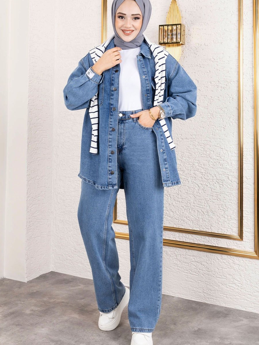 Tesettür Dünyası More Denim Takım Açık Mavi