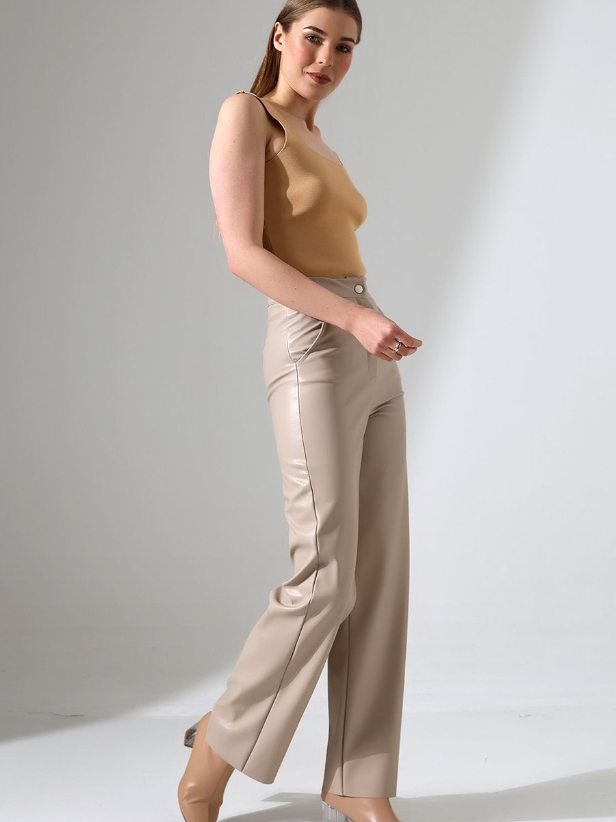 Winmoda Kadın Cepli /bol Paça Deri Pantolon /faux Leather Pants