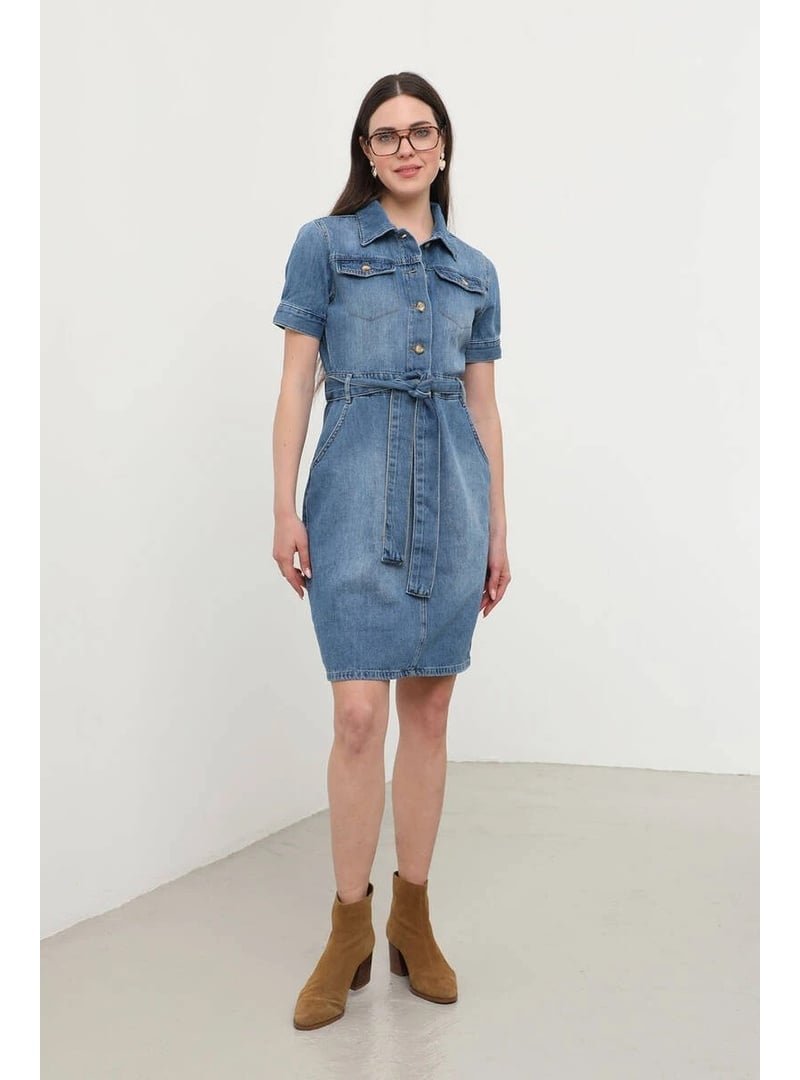 Markapia Blue White Kısa Kol Jean Elbise Standart