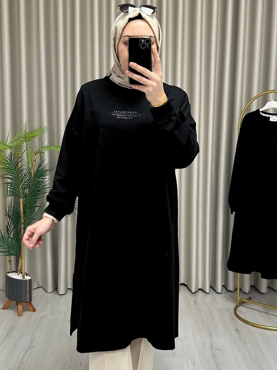 Ekrutex Yazı Baskılı Ara Boy Tunik