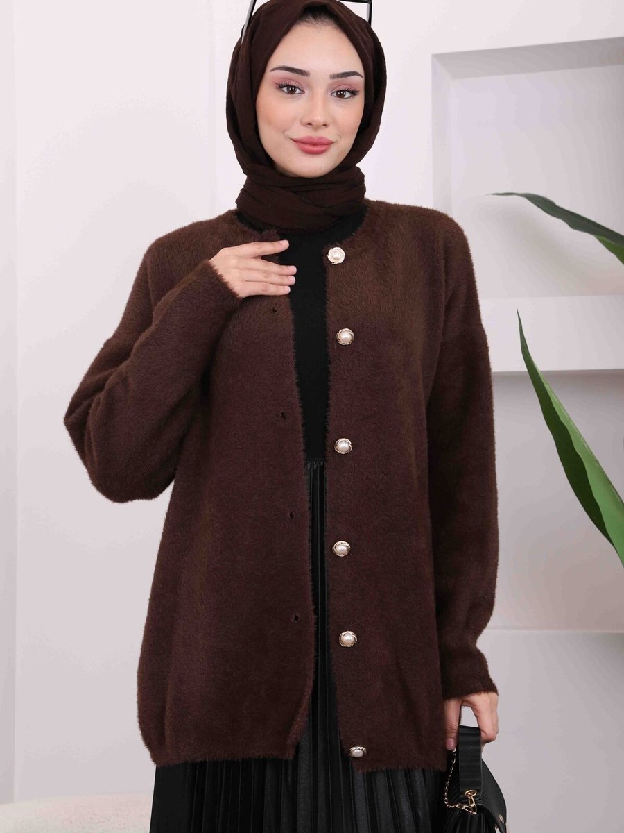 İmajbutik Kahverengi Düğmeli Angora Triko Hırka
