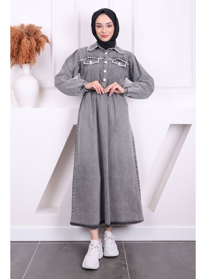 İmaj Butik Antrasit Nakışlı Cepli Kot Elbise