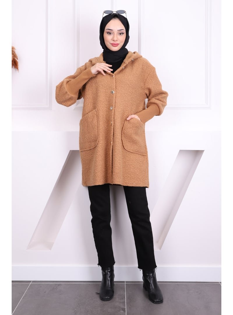 İmaj Butik Camel Kapüşonlu Buklet Kaban