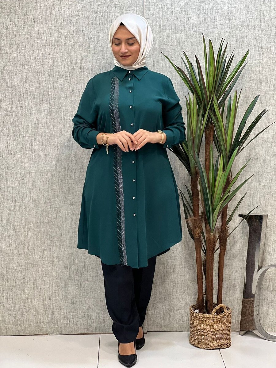 Butik Büyük Beden Sağ Tarafı Taş Yapıştırma Tunik