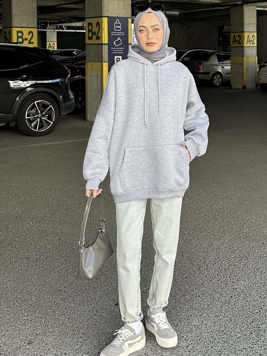 Lamelif Üç Iplik Kanguru Cep Sweatshirt Gri