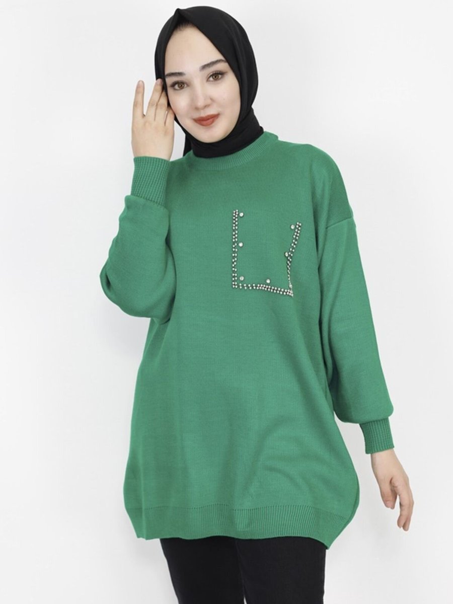 Butik Yeşil İnci Ve Taş Desenli Triko Tunik