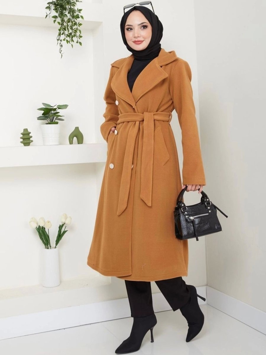 Nevayla Moda Polar Kaşe Uzun Kaban / Camel