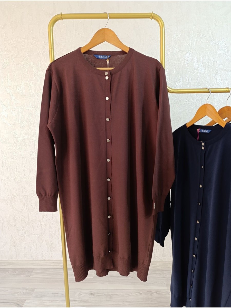 Eghora Triko Hırka Bisiklet Yaka Düğmeli Rayon Kumaş Merserize Kalite Dokuma Kahverengi