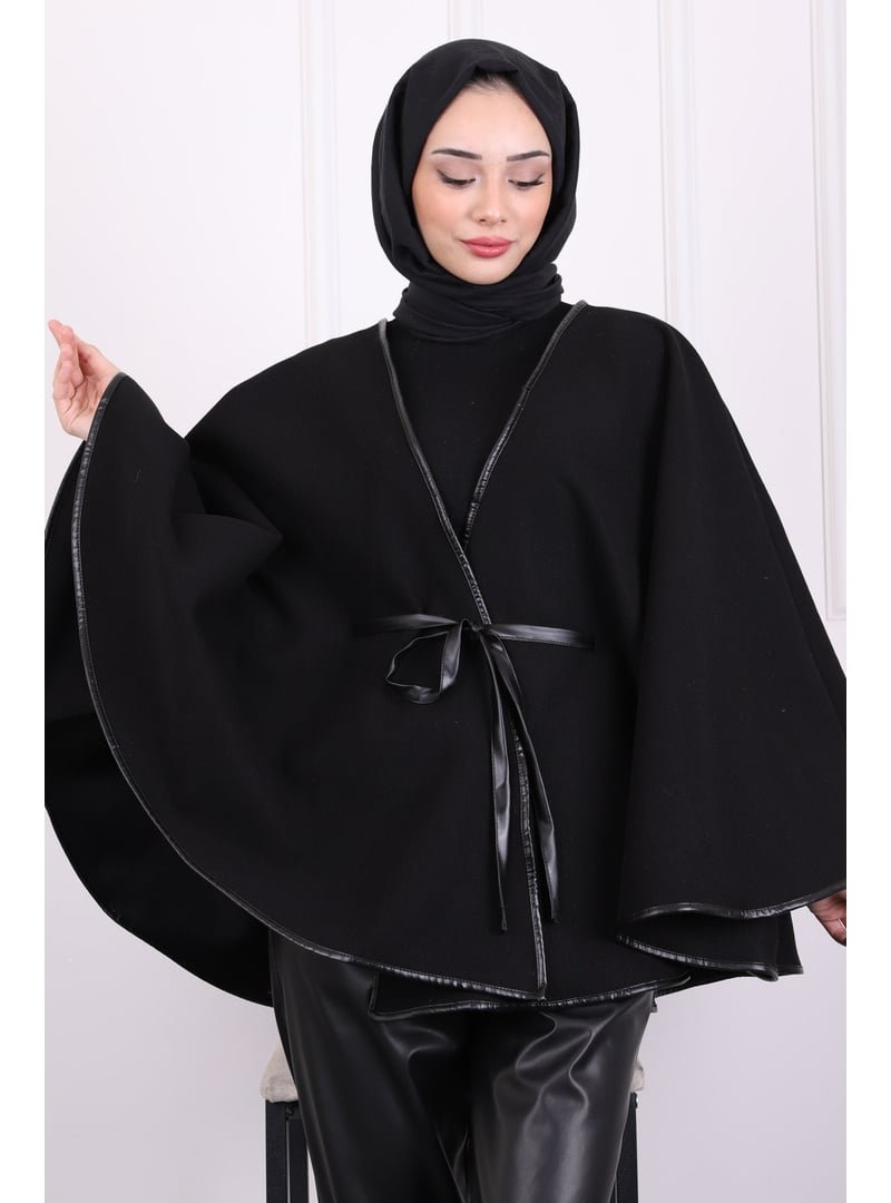İmaj Butik Siyah Biyeli Bel Bağlamalı Panço