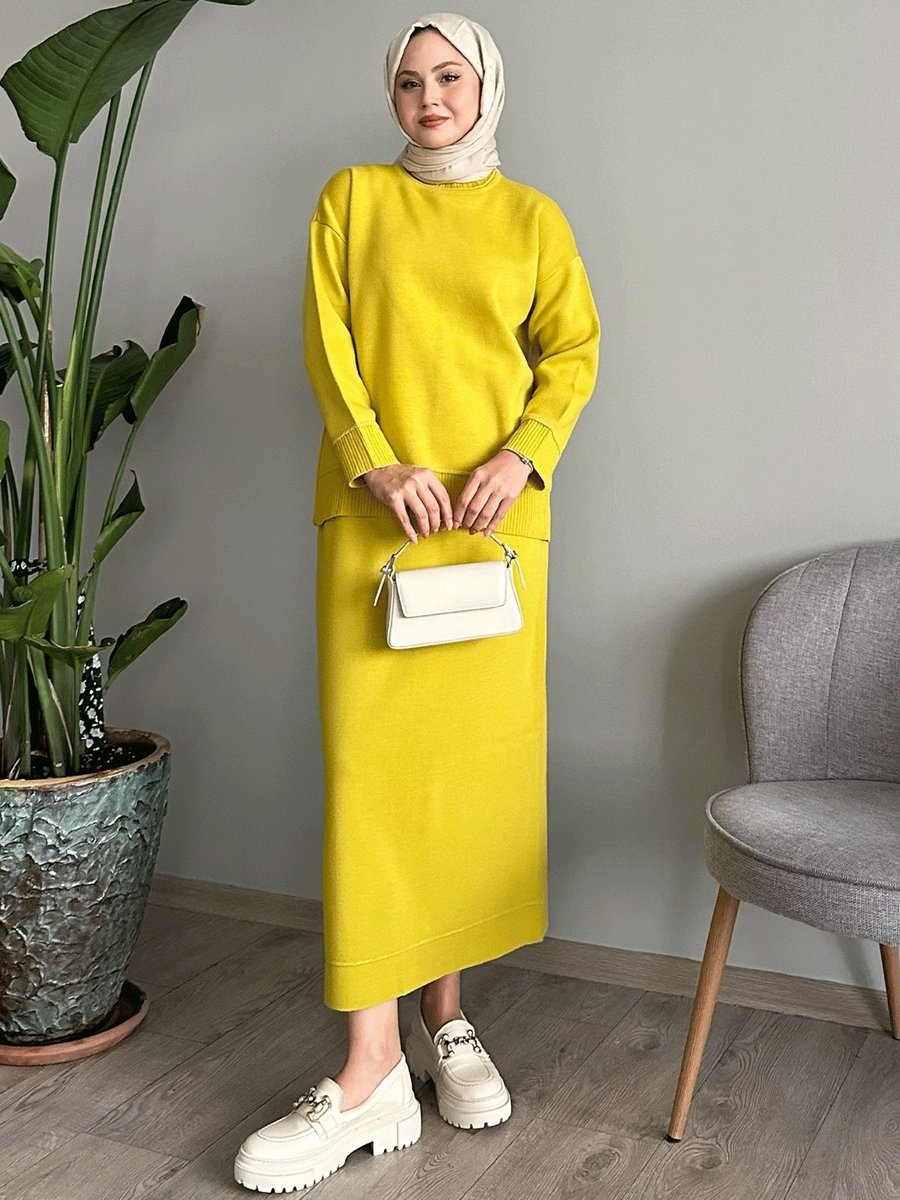 Instyle Biye Detay Basic Yağ Yeşili Triko Takım