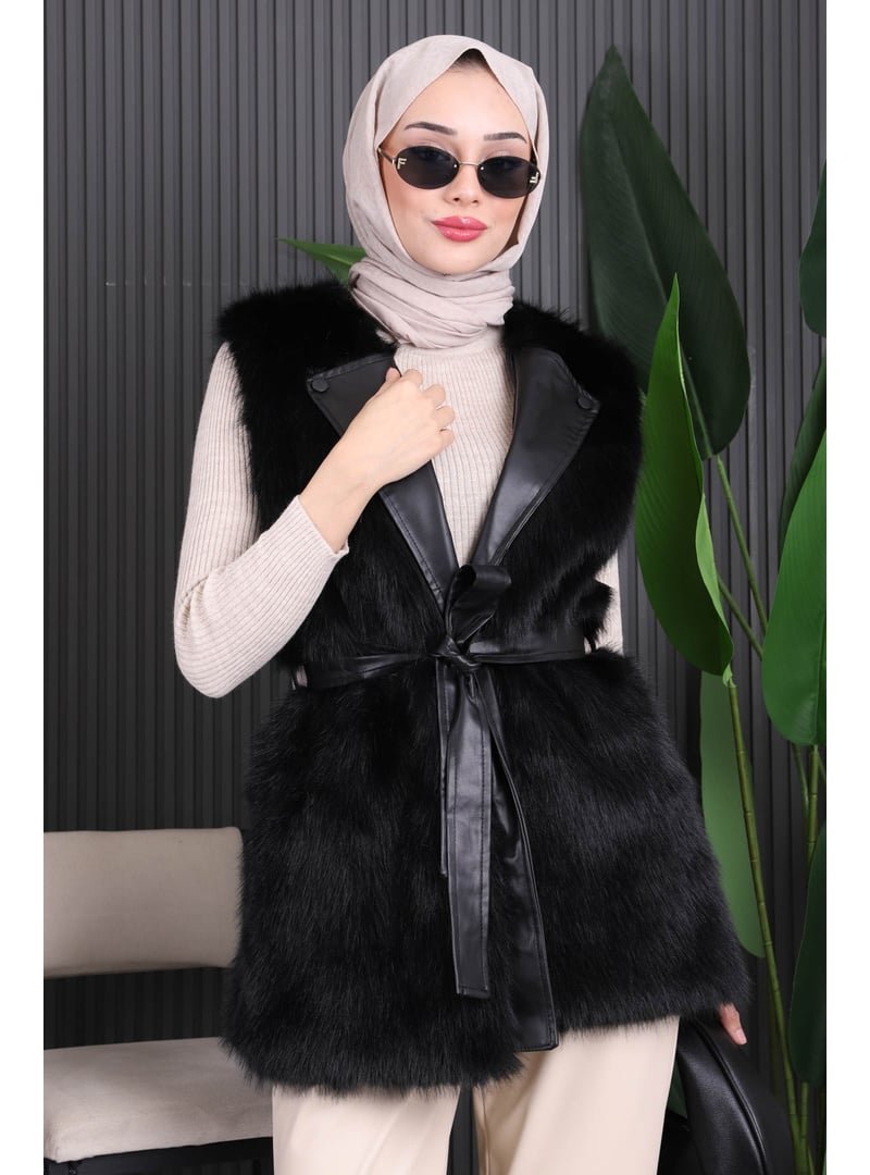 İmaj Butik Siyah Deri Kuşaklı Kürk Yelek