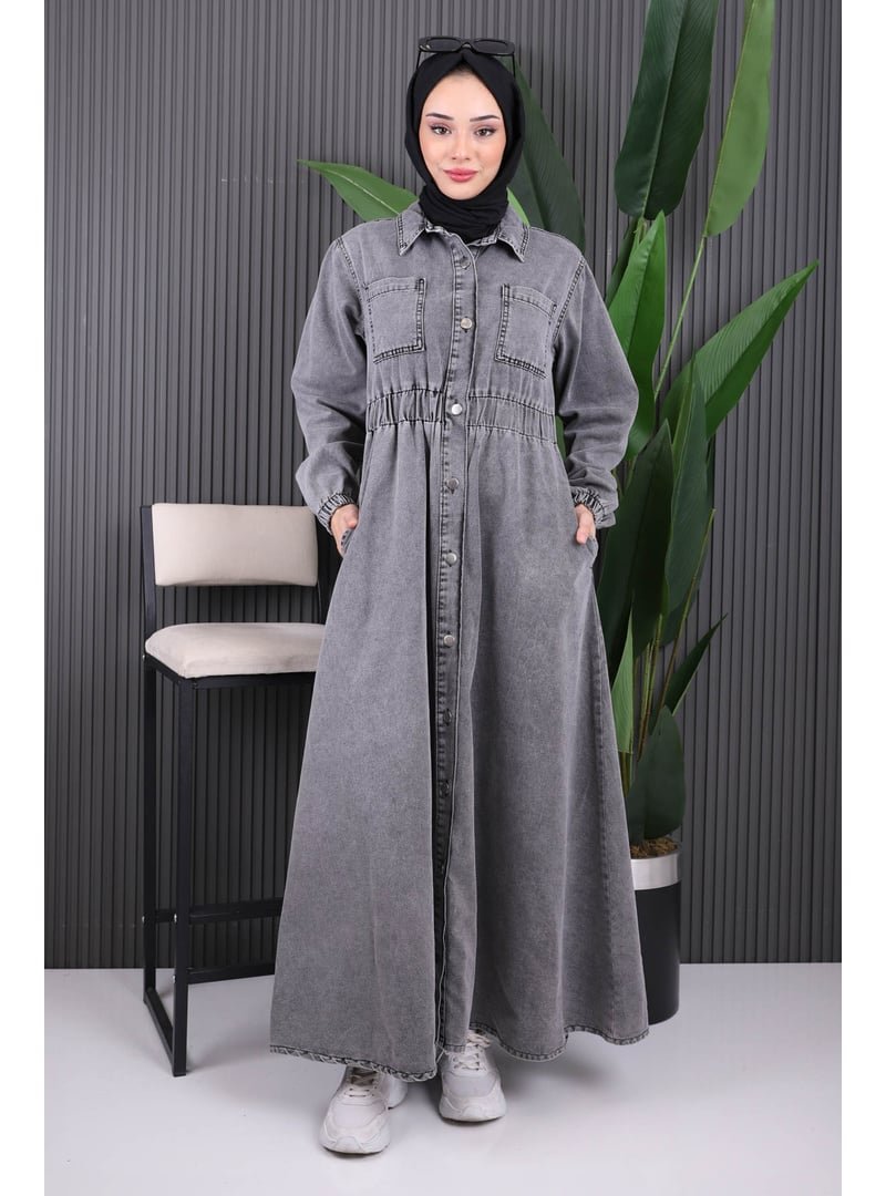 İmaj Butik Füme Bel Lastikli Düğmeli Kot Elbise