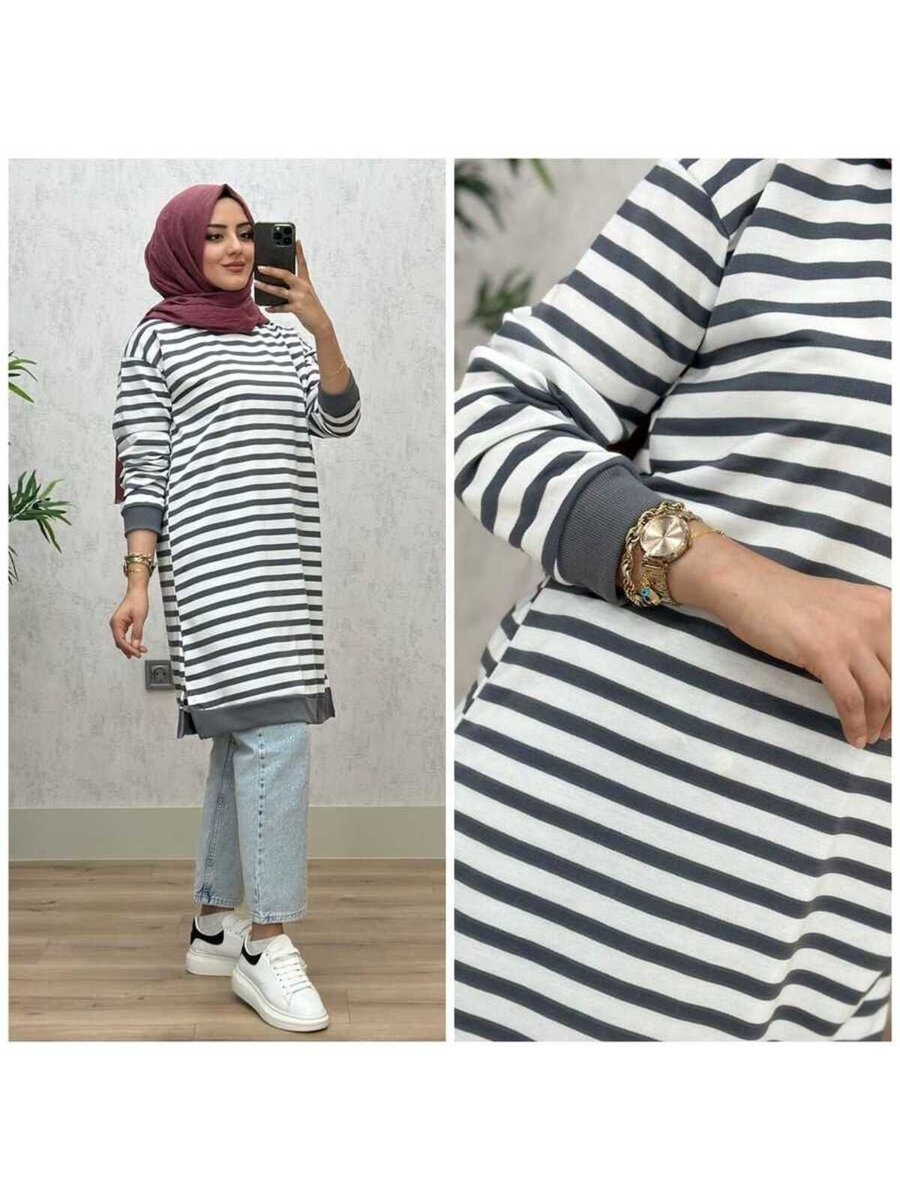 Azzebutik Çizgi Tunik K25 Gri