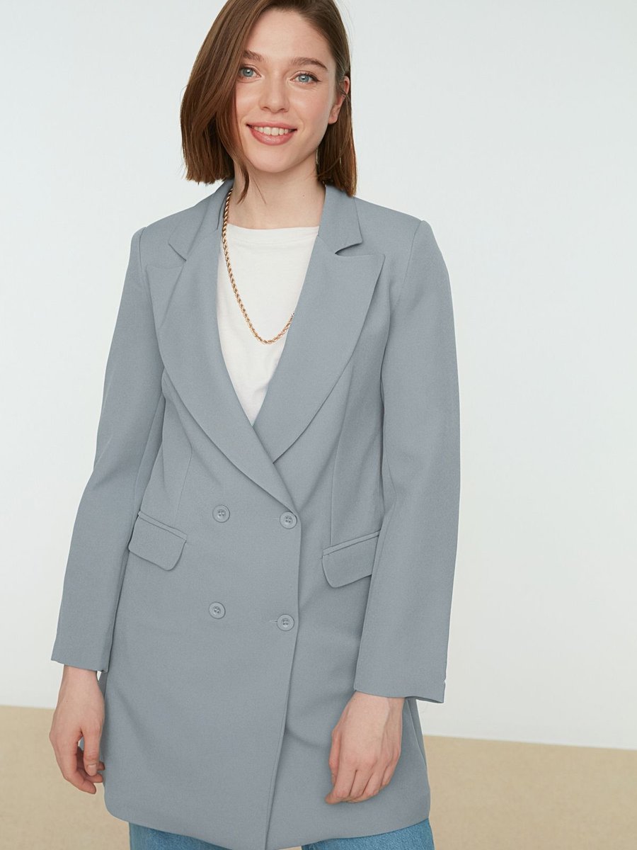 Butik Açık Mavi Çift Düğmeli Cep Detaylı Astarlı Blazer Dokuma Ceket