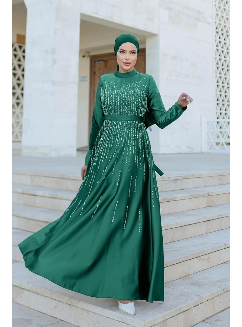 Hakimoda Zümrüt Yeşili Büyük Beden Yaren Saten Abiye