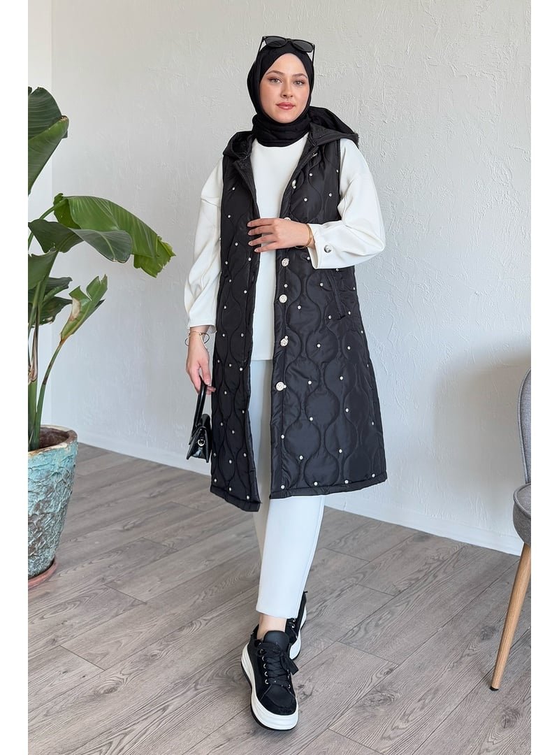 InStyle Taşlı Kapitone Kapüşonlu Siyah Yelek