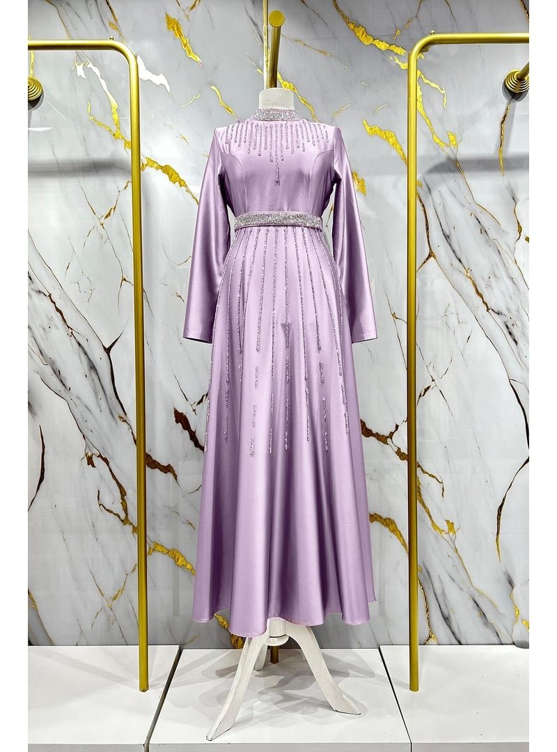 Hakimoda Lila Nevra Saten Abiye Elbise