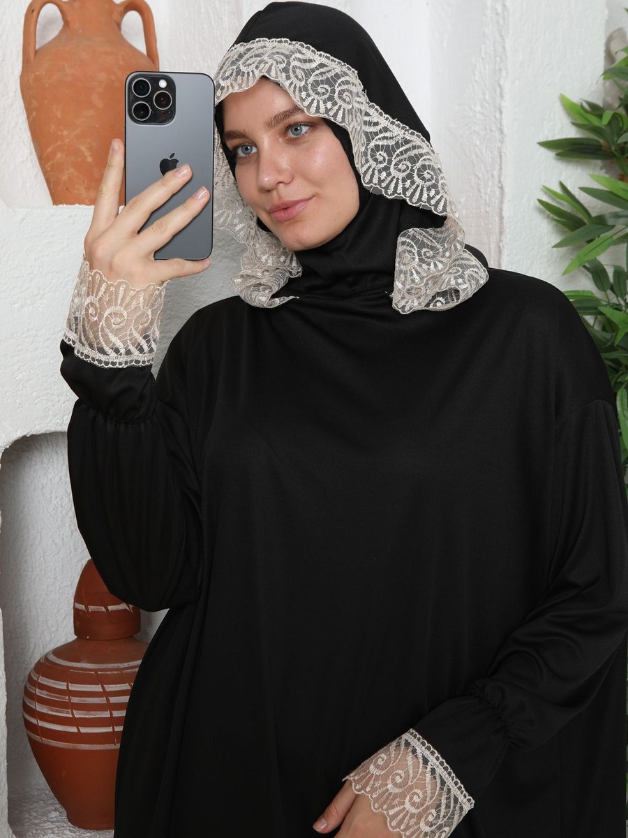 Kutay Collection Mevsimlik Başörtülü Elbisesi, Terletmeyen Namaz Kıyafeti, Dökümlü Ferace